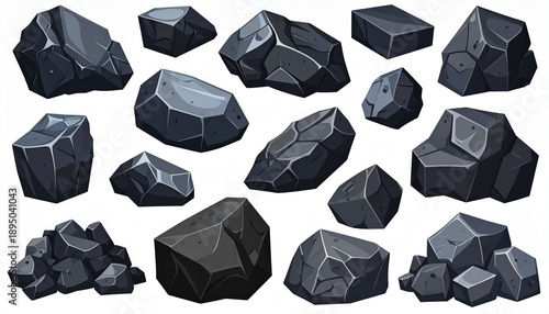 Cartoon Dark Stone Rock Collection Vector Illustration Set.