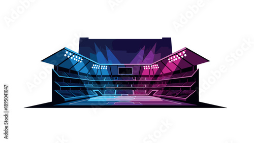 Futuristic neon soccer stadium arena with colorful illuminated lights