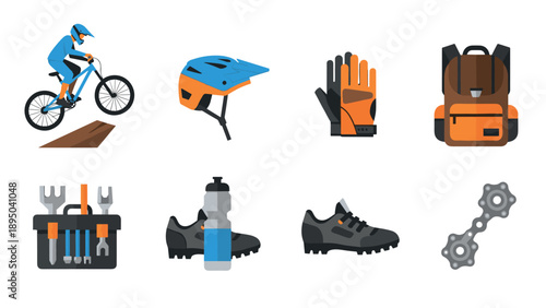 Essential gear for mountain biking: helmet, gloves, tools, and more in flat design