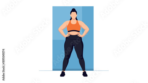 Confident woman in athletic wear standing in modern abstract room
