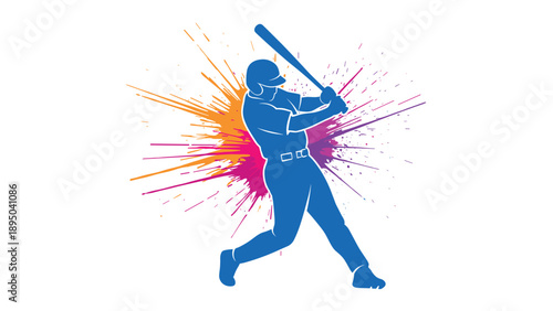 Dynamic blue silhouette of baseball player with colorful paint splash background