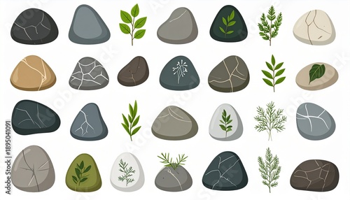 Collection of Smooth Stones with Leaf Accents for Design.