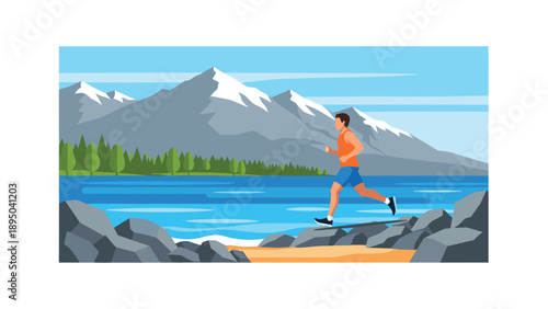 Man jogging by lake with scenic mountain and forest landscape