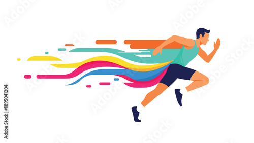 Dynamic running athlete with colorful trail in abstract style