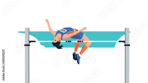 Athletic high jumper in action at sports event with modern flat design