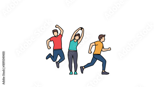 Energetic people in dynamic poses with bright outfits and active movements