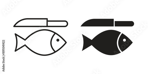Fish and a knife icon set. Black icon on white background