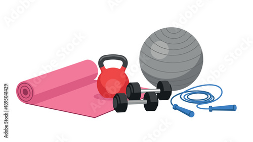 Home gym essentials with yoga mat, kettlebell, dumbbells, exercise ball, and jump rope