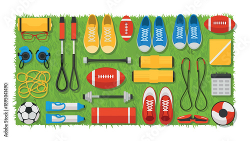 Colorful sports equipment on grass background featuring various fitness and recreation items