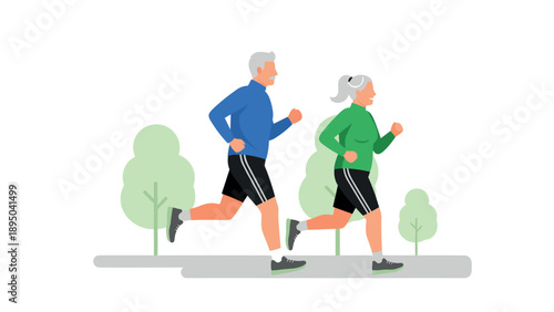 Active seniors running outdoors in flat style with nature background