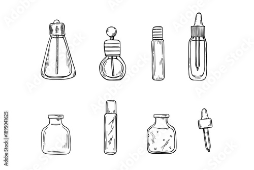 Dropper bottles with aromatic oil, serum or perfume line black ink set illustration. Glass closed diffusers vector isolated clip art. Medical flasks for spa design, home decor, homeopathy