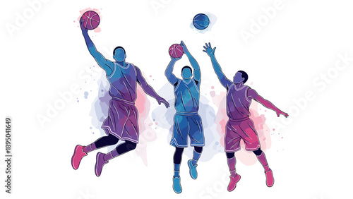 Dynamic watercolor basketball players in action with vibrant abstract background
