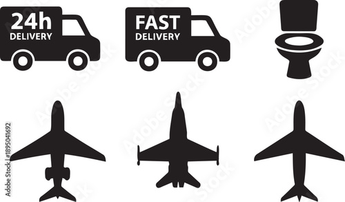 Black Silhouette Vector Icons of Delivery Trucks, Toilet, and Airplanes