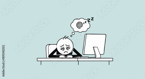 Tired stick figure at computer dreaming of sleep.