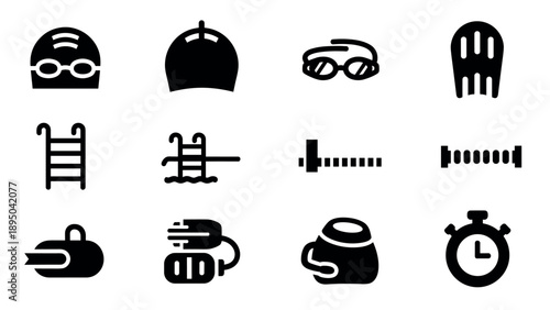 Swimming equipment icons: silhouettes of goggles, caps, and timers for aquatic sports
