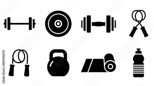 Minimalist fitness equipment set: weights, kettlebell, jump rope, and yoga mat icons