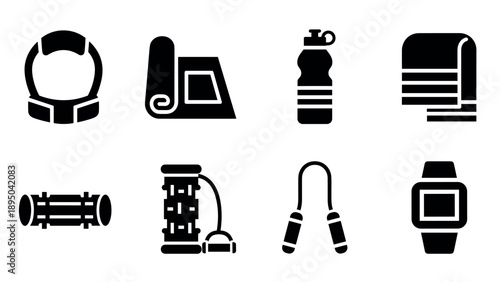 Fitness icon set: minimalist black silhouettes of workout gear