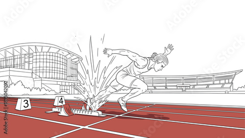 Female athlete sprinting from starting blocks on track with stadium background