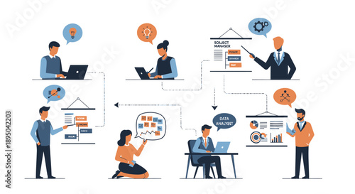 Vector illustration of business people communicating with laptops and graphs, for presentation or website, teamwork concept