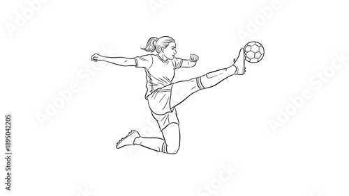 Dynamic female soccer player performing high kick in action pose