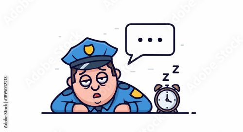 Tired Police Officer Sleeping on Duty with Alarm Clock.