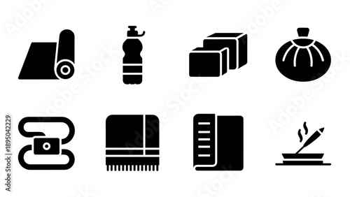 Minimalist yoga and meditation icon set: mat, water bottle, block, bag, strap, towel, journal, incense