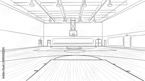 Linear drawing of an indoor basketball court with wooden flooring and high ceiling