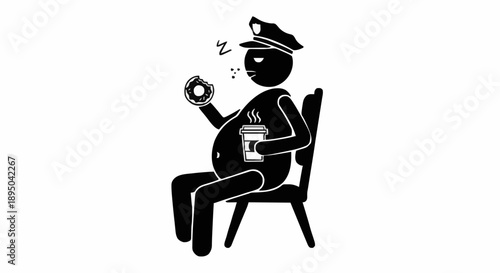 Tired police officer sleeping with donut and coffee.