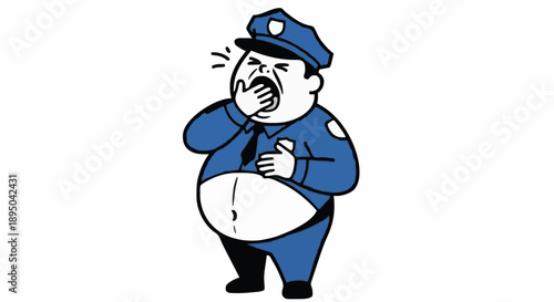 Tired Police Officer Yawning Exhausted on Duty.