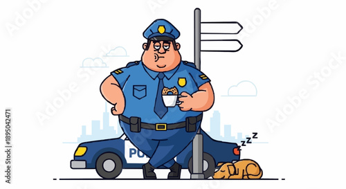 Tired Policeman Holding Coffee Cup Leaning on Signpost Near Patrol Car and Sleeping Dog.