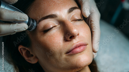 Woman receiving facial skin rejuvenation treatment with modern device by cosmetologist. Professional skincare therapy for beauty salon.