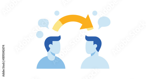 Vector illustration of two men communicating with speech bubbles and a curved arrow, for presentation or website, Isolated on transparent background, png