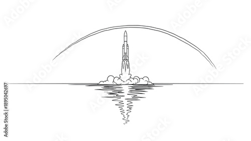 Rocket launch silhouette with reflection over water and atmospheric arc