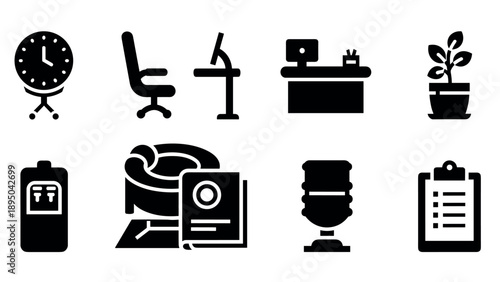 Modern office essentials: icon collection featuring furniture and gadgets