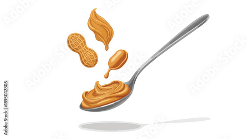 Wholesome peanut butter swirling elegantly in a spoon, accompanied by shelled and unshelled peanuts, illustrating the rich natural flavor and creamy