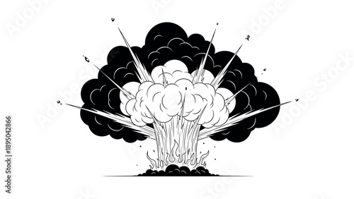 Dynamic black and white explosion line art with dramatic smoke and flames