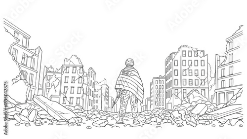 Post-apocalyptic cityscape with lone figure in rubble