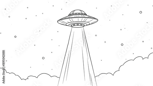 Ufo in space with beam of light and stars in black and white