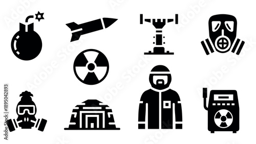 Silhouette icons of nuclear themes, weapons, and protective gear