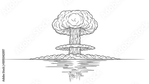 Monochrome atomic explosion with reflective mushroom cloud on white background