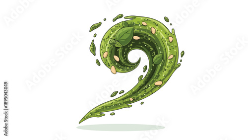 A stylized green organic spiral illustration depicting vibrant natural elements, including fresh leaves and scattered seeds, conveying energetic