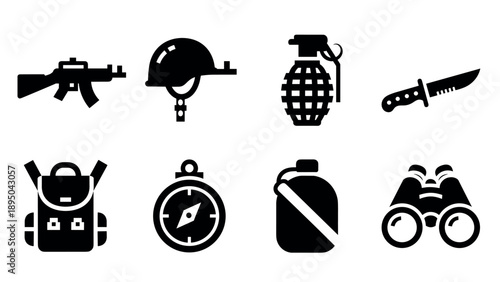 Military weapons and gear silhouette icons collection on white background