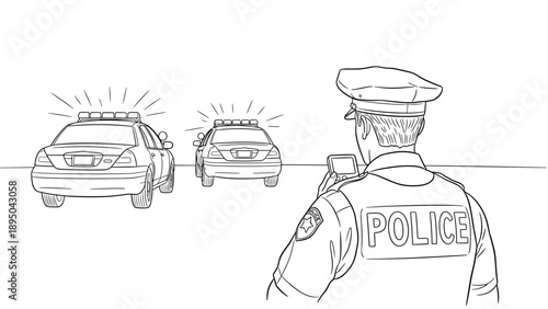 Police officer in uniform observing patrol cars with emergency lights in line art style