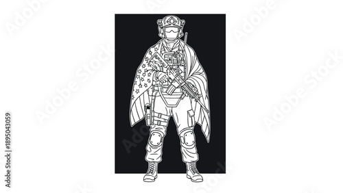Black and white line art of soldier with tactical gear and flag cloak