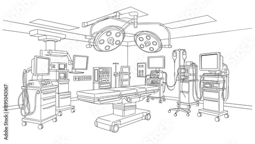 Modern surgical room line art with advanced medical equipment and monitors