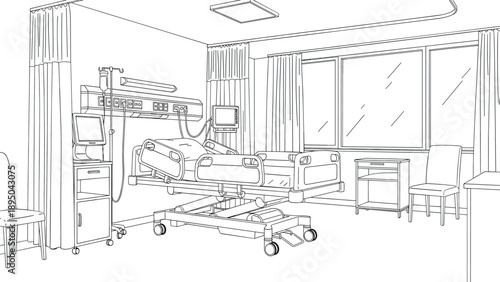 Modern hospital room interior with bed and medical equipment in black and white line art