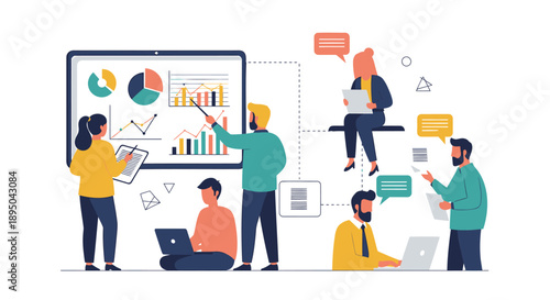 Vector illustration of diverse business team collaborating with laptops and whiteboard, for presentation or website, isolated on transparent background, png