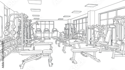 Detailed linear drawing of modern gym interior with exercise equipment