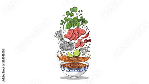Dynamic deconstructed Asian noodle soup illustration showcasing fresh ingredients artfully presented