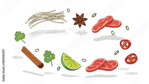 Deconstructed Asian Noodle Soup Ingredients Vector Illustration Flavorful Culinary Elements for Broth Preparation